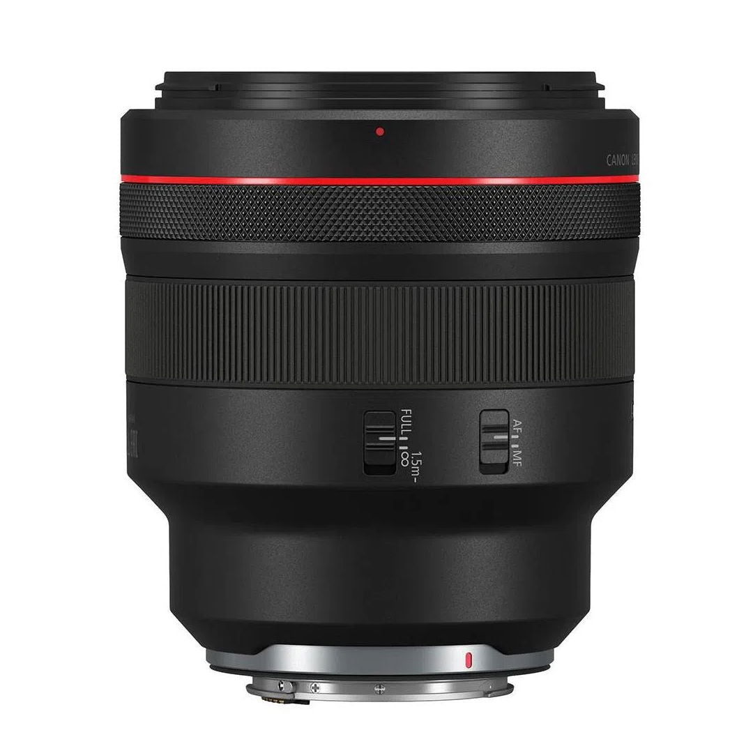 Black RF 85mm f/1.2 L USM camera lens, rear control panel and mount contacts visible