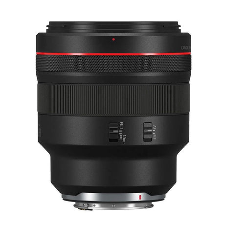Black RF 85mm f/1.2 L USM camera lens, rear control panel and mount contacts visible