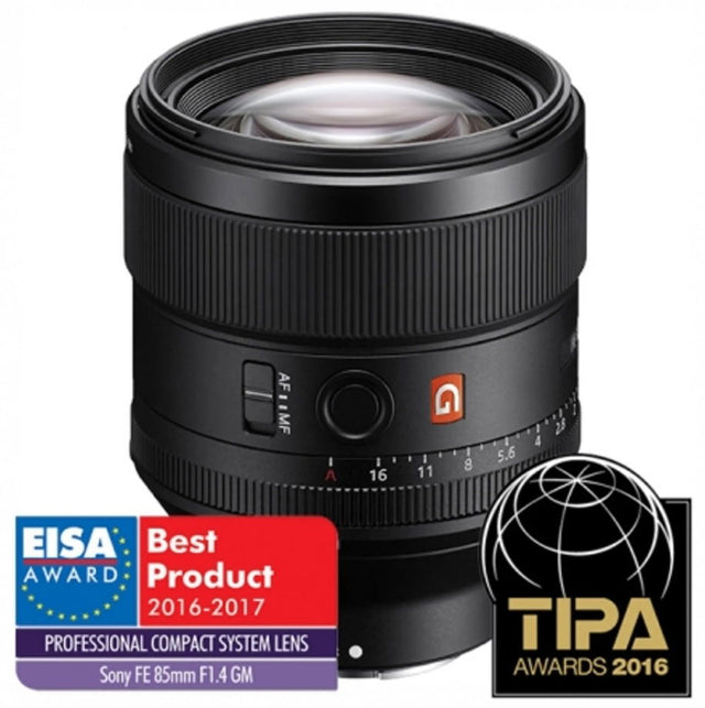 Obiectiv Sony 85mm F1.4 GM, negru, element frontal și inel cu marcaje
