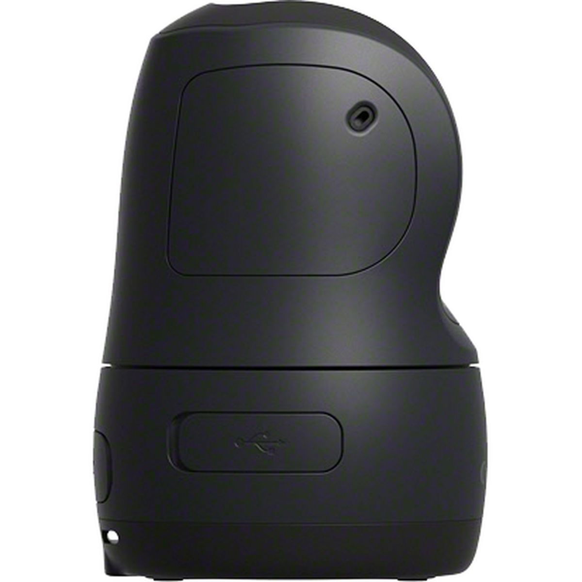 Black camera dock back panel with circular screw hole and curved edge