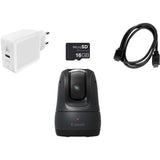 Camera kit: black dock base, 16GB microSD card, wall charger, and USB cable