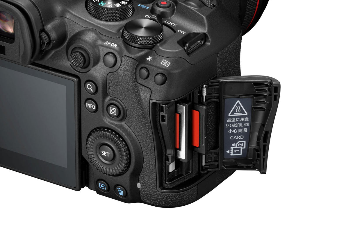 Corp aparat foto Canon EOS R6 Mark III, negru, detaliu comenzi și slot card