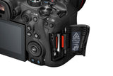 Corp aparat foto Canon EOS R6 Mark III, negru, detaliu comenzi și slot card