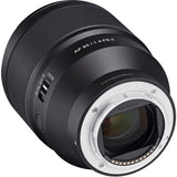 Front view of black 85mm F1.4 lens with glass element and E‑mount contacts