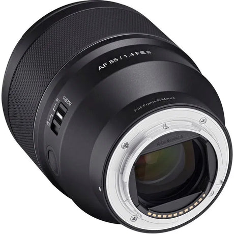 Front view of black 85mm F1.4 lens with glass element and E‑mount contacts