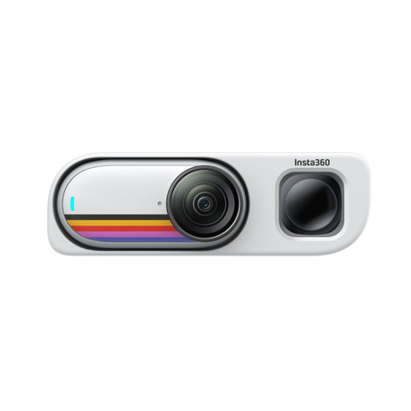 Cameră video POV albă, cu lentilă circulară și ecran negru, inscripție Insta360.