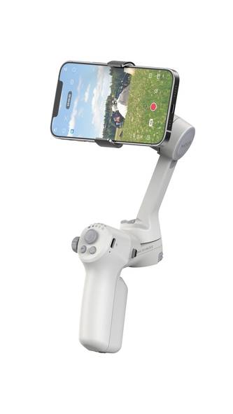 Stabilizator smartphone Moza Mini MX3, mâner alb și telefon montat pe suport