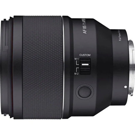 Side view of black 85mm F1.4 lens with custom M1/M2 switch and control dial