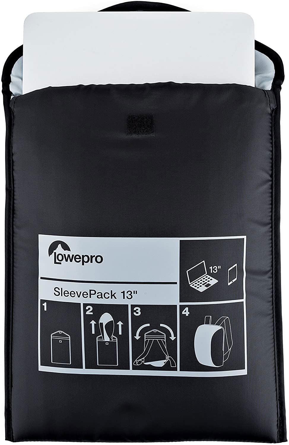 Rucsac pliabil Lowepro SleevePack 13 negru, cu clapetă albă și etichetă