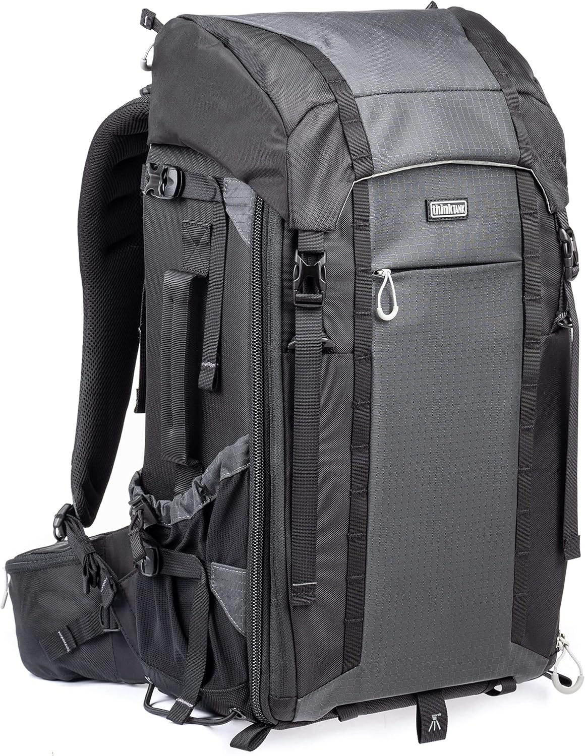 Rucsac foto Think Tank MindShift FirstLight 35L negru, față cu buzunar cu fermoar și bretele.