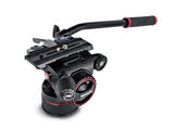 Video fluid tripod head with dual adjustment knobs and side handle, black with red accents