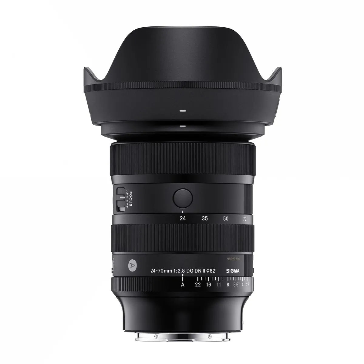 Black 24-70mm F2.8 DG DN II lens with focus ring and distance markings, front view