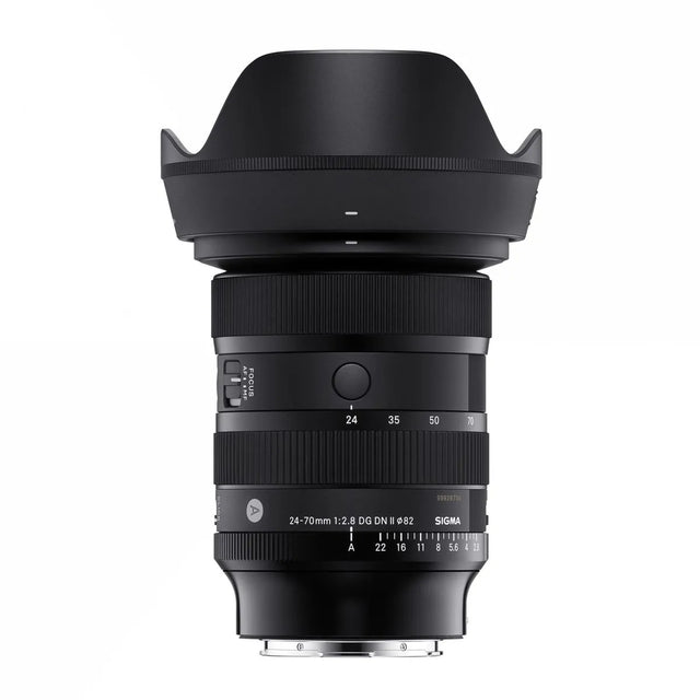 Black 24-70mm F2.8 DG DN II lens with focus ring and distance markings, front view
