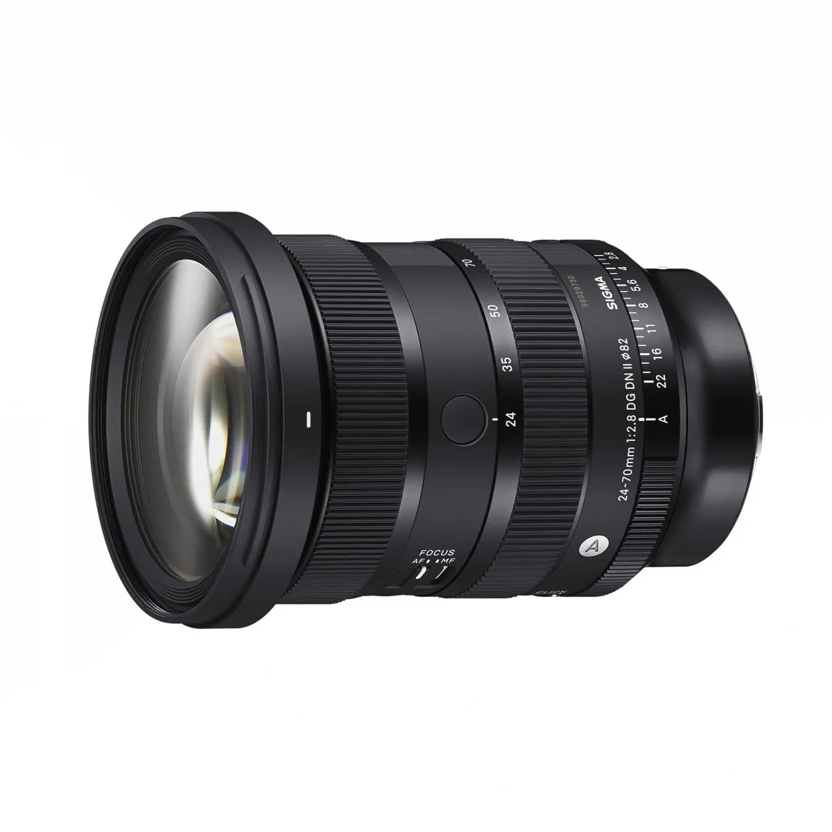 Black 24-70mm F2.8 lens with front glass element visible and ribbed focus/zoom rings