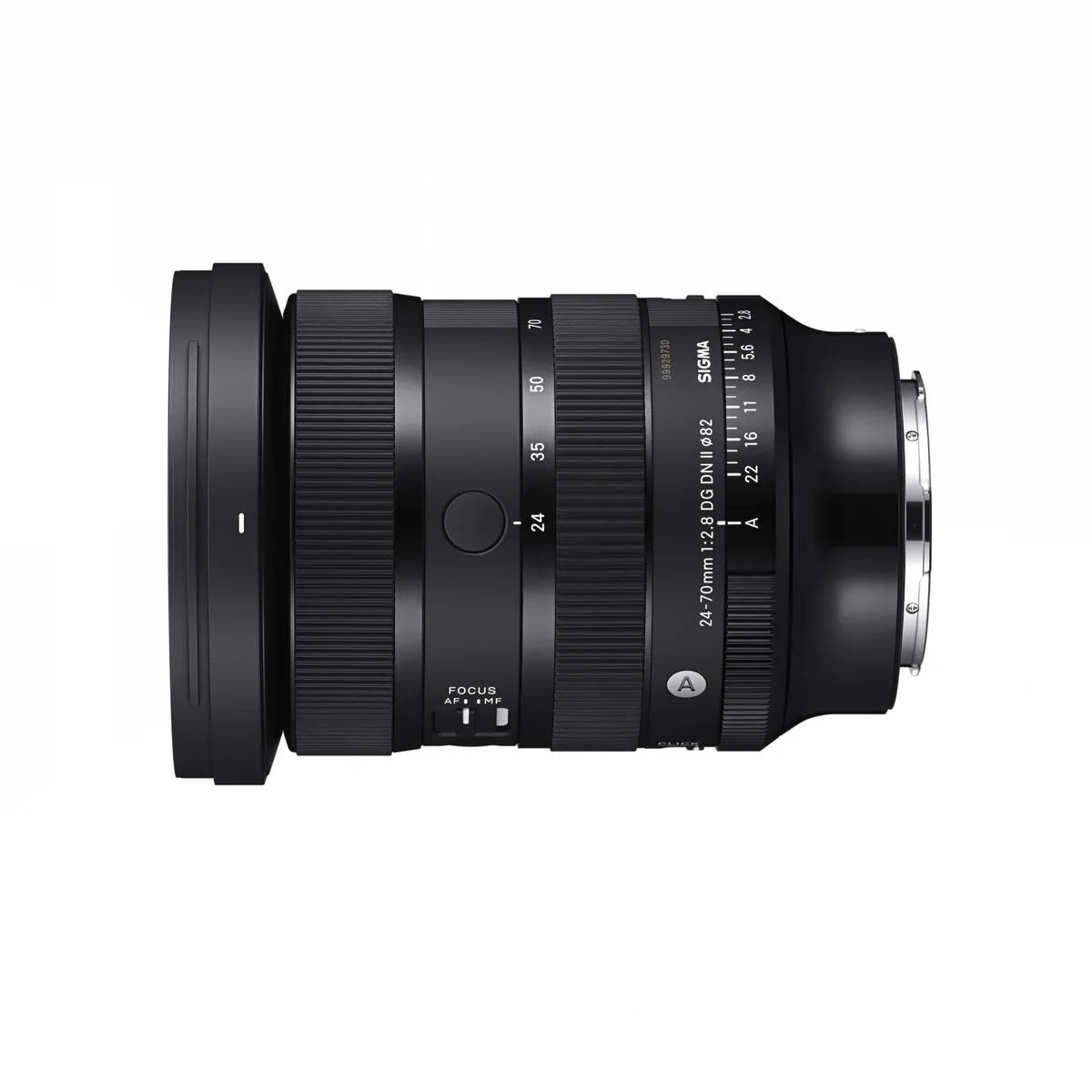 Black 24-70mm F2.8 lens from side, textured zoom rings and distance scale