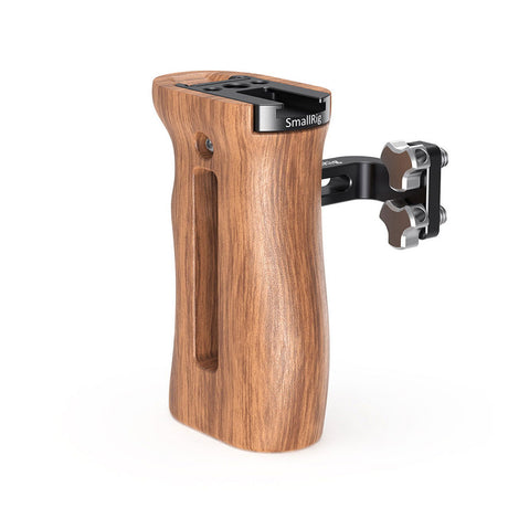 Wood side handle with black top plate and mounting arm for camera cage
