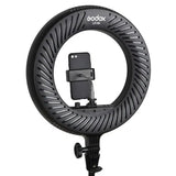 Circular LED ring light with phone mount, black body and adjustable arm