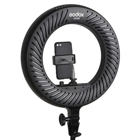 Circular LED ring light with phone mount, black body and adjustable arm