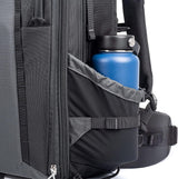 Rucsac foto Think Tank MindShift FirstLight 35L negru, buzunar lateral cu sticlă albastră.