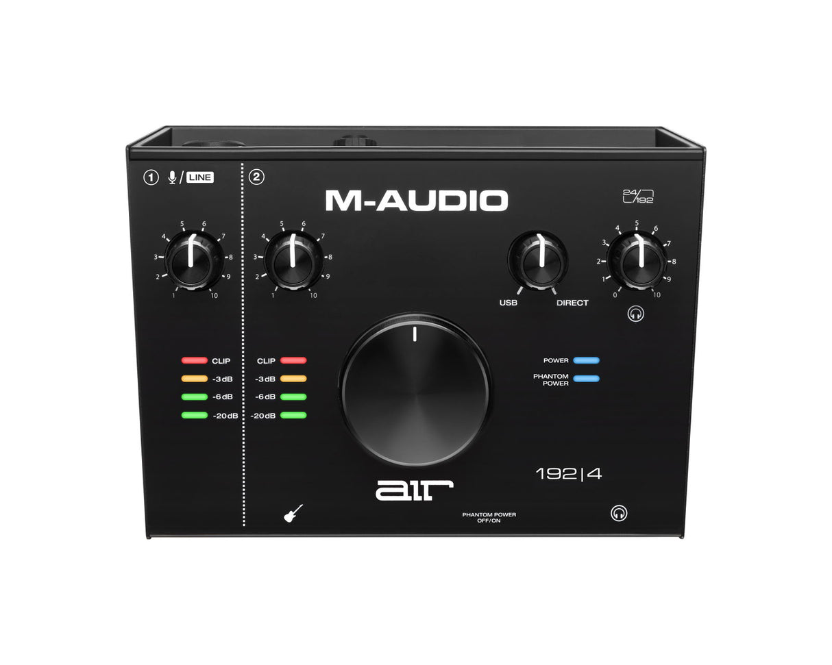 USB 2x2 audio interface AIR 192|4 with input knobs, level meters, and power controls