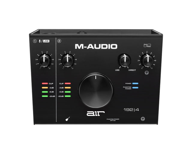 USB 2x2 audio interface AIR 192|4 with input knobs, level meters, and power controls