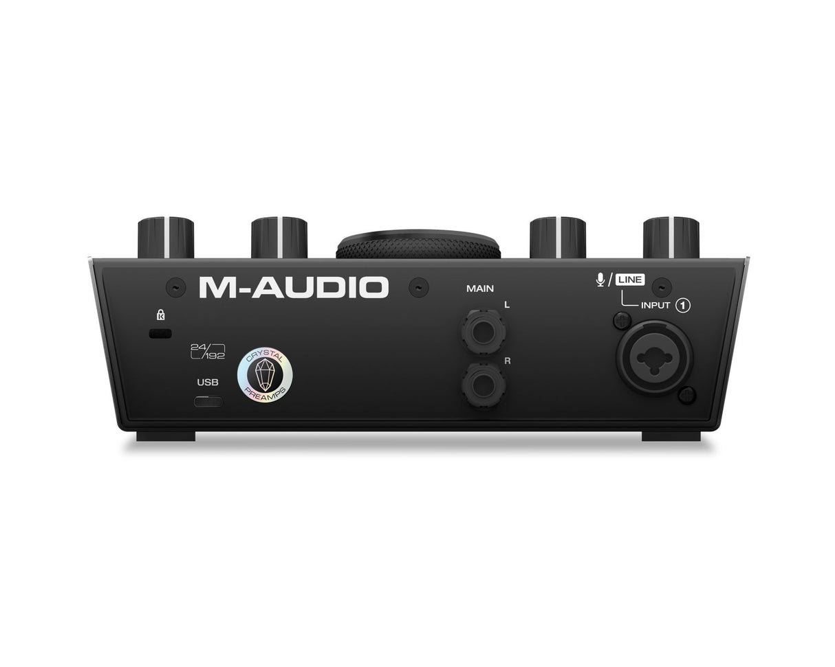 AIR 192|4 audio interface rear view with USB port, line input selector, and gain dial