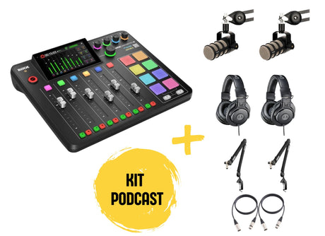 Kit podcast cu mixer compact, două perechi de căști și microfoane pe braț
