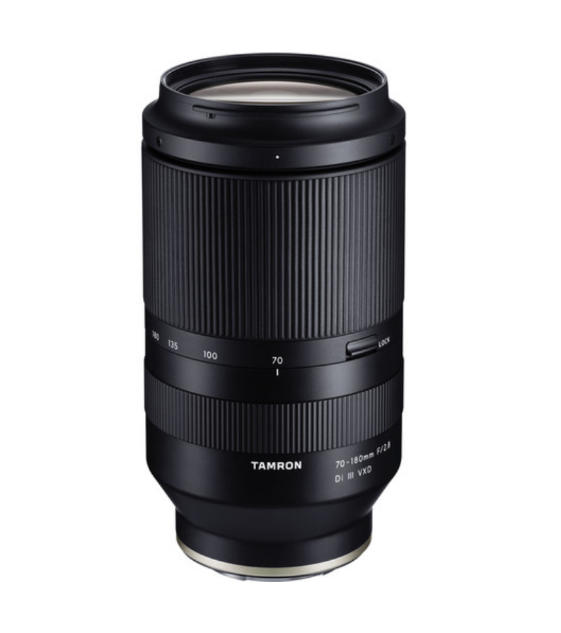 Black 70-180mm camera lens front view with textured rings and zoom markings
