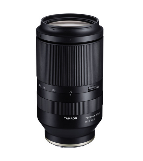 Black 70-180mm camera lens front view with textured rings and zoom markings
