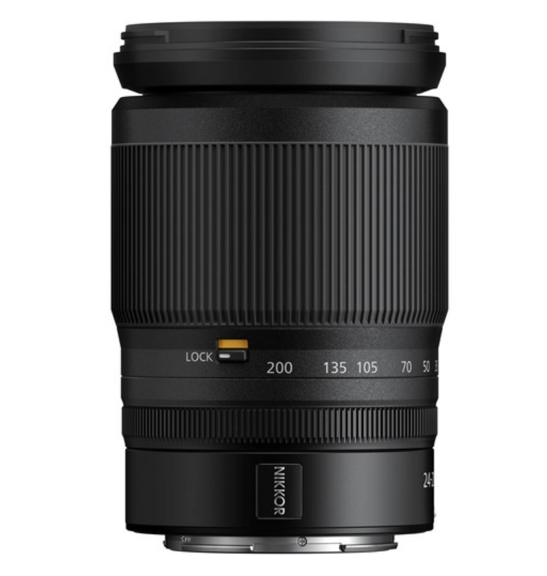 Black 24-200mm f/4-6.3 VR lens back, zoom scale and lock switch visible