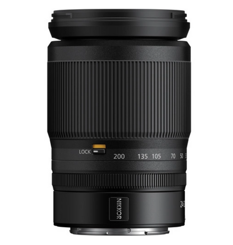Black 24-200mm f/4-6.3 VR lens back, zoom scale and lock switch visible
