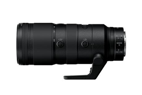 Angled view of black 70-200mm f/2.8 VR S zoom lens with tripod collar handle
