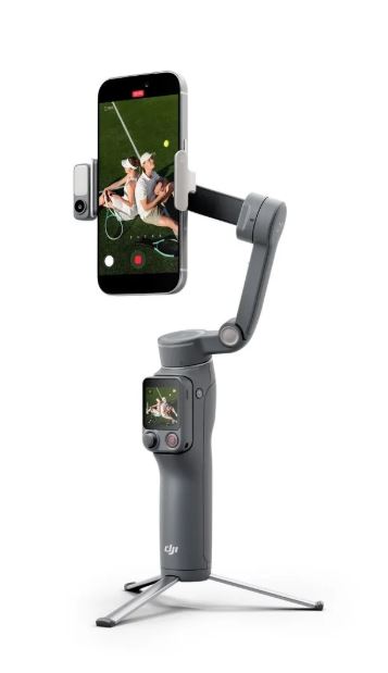 Smartphone gimbal stabilizer with phone clamp and on-tripod base, dark gray