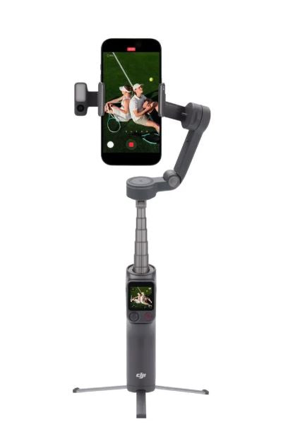 Phone-mounted gimbal stabilizer with extended handle and tripod legs, dark gray
