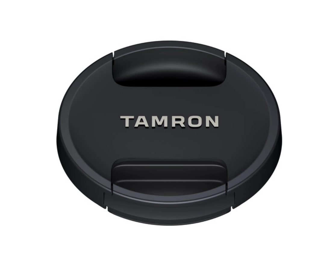 Black rear lens cap with center logo area and three mounting clips