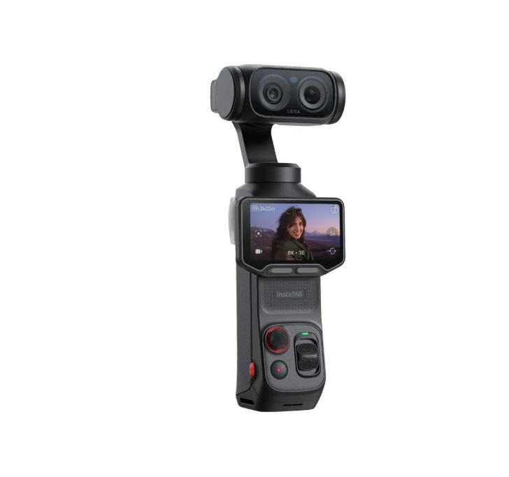 Cameră gimbal Insta360 cu ecran pornit și două camere, neagră