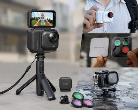 Cameră Insta360 GO Ultra cu trepied și piese, plus filtre multicolore.