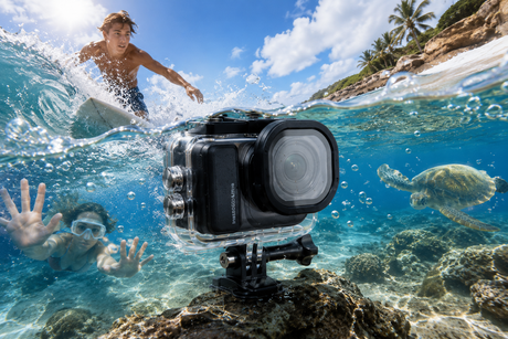 Cameră Insta360 GO Ultra în carcasă etanșă, cu lentilă în centru, sub apă.