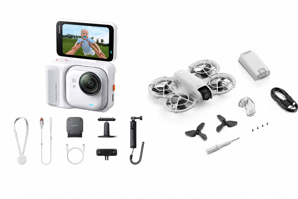 Set cameră albă cu ecran și accesorii, inclusiv elice și dronă