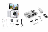 Set cameră albă cu ecran și accesorii, inclusiv elice și dronă