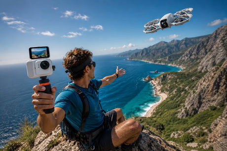 Cameră albă pentru drone cu ecran, ținută în mână