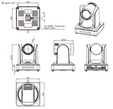 PTZ camera dimension diagram showing tripod hole and front/side/top views