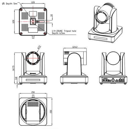 PTZ camera dimension diagram showing tripod hole and front/side/top views