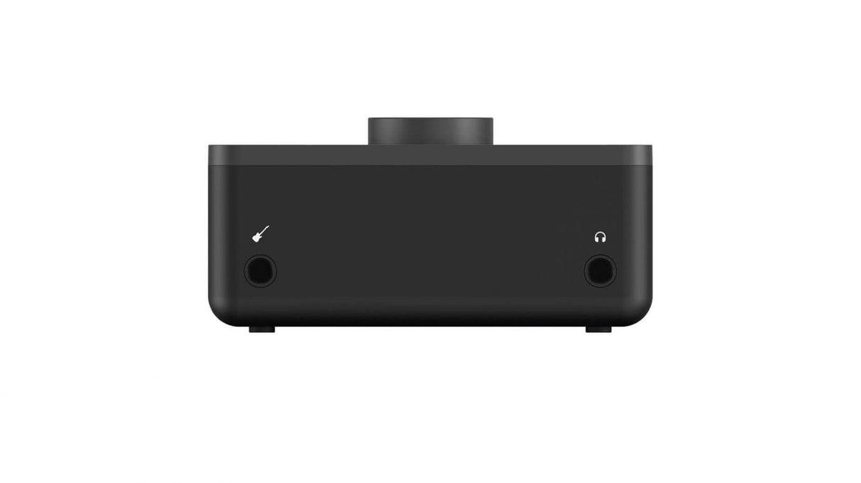 Black USB audio interface side view with headphone output and power/bypass controls