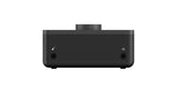Black USB audio interface side view with headphone output and power/bypass controls