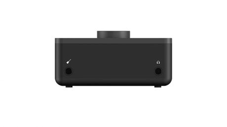 Black USB audio interface side view with headphone output and power/bypass controls