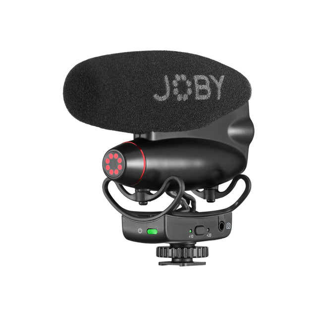 Black shotgun microphone with foam windscreen and red LED level indicator