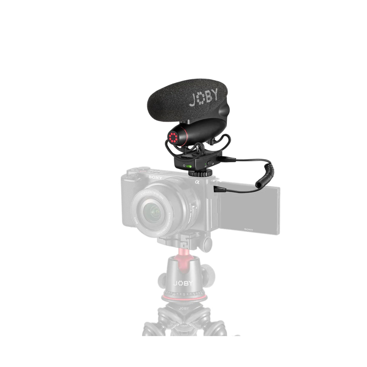 Black shotgun microphone with foam windscreen mounted on camera, cable connected