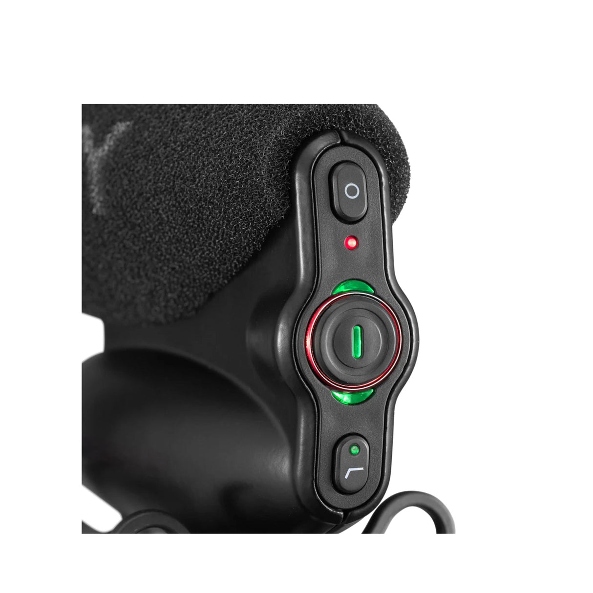 Close-up of black shotgun mic controls with power button and green/red status lights