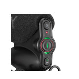 Close-up of black shotgun mic controls with power button and green/red status lights